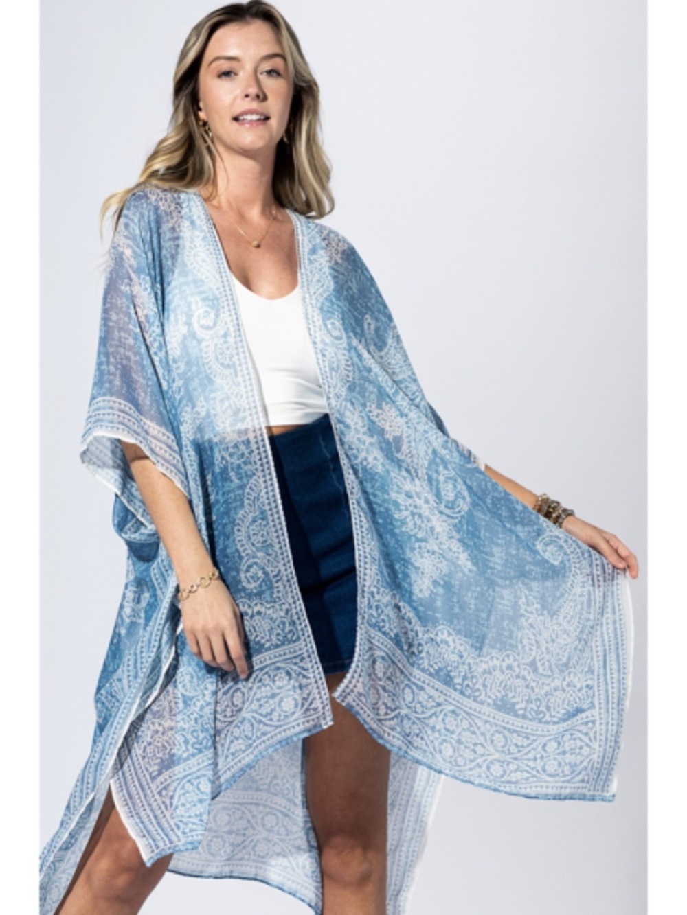 Blue Paisley Lightweight Semi Sheer Open Wrap Kimono Top Spring Summer One Size